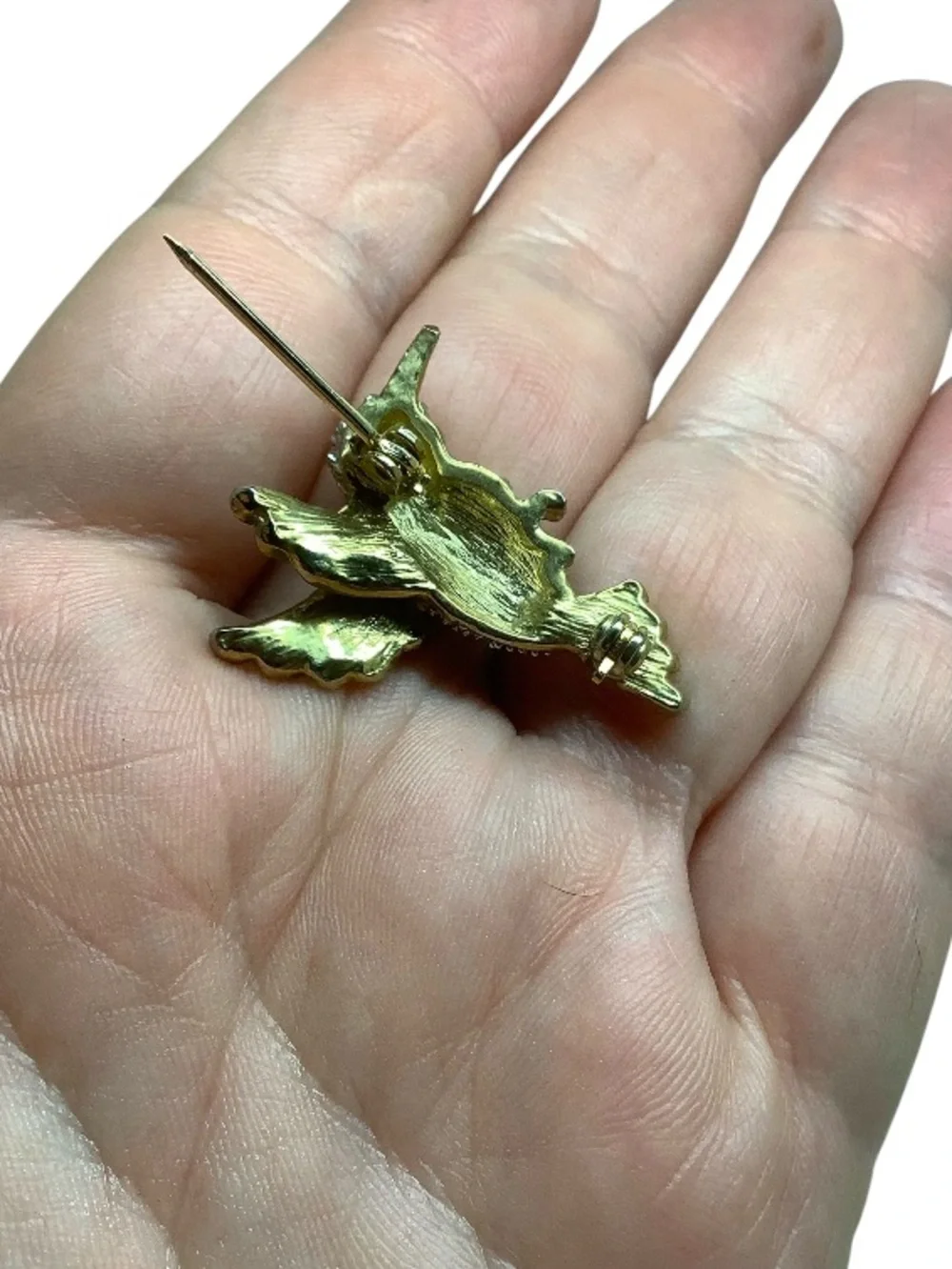 Gold tone Cubic Zirconia Hummingbird Brooch with Emerald Eye
